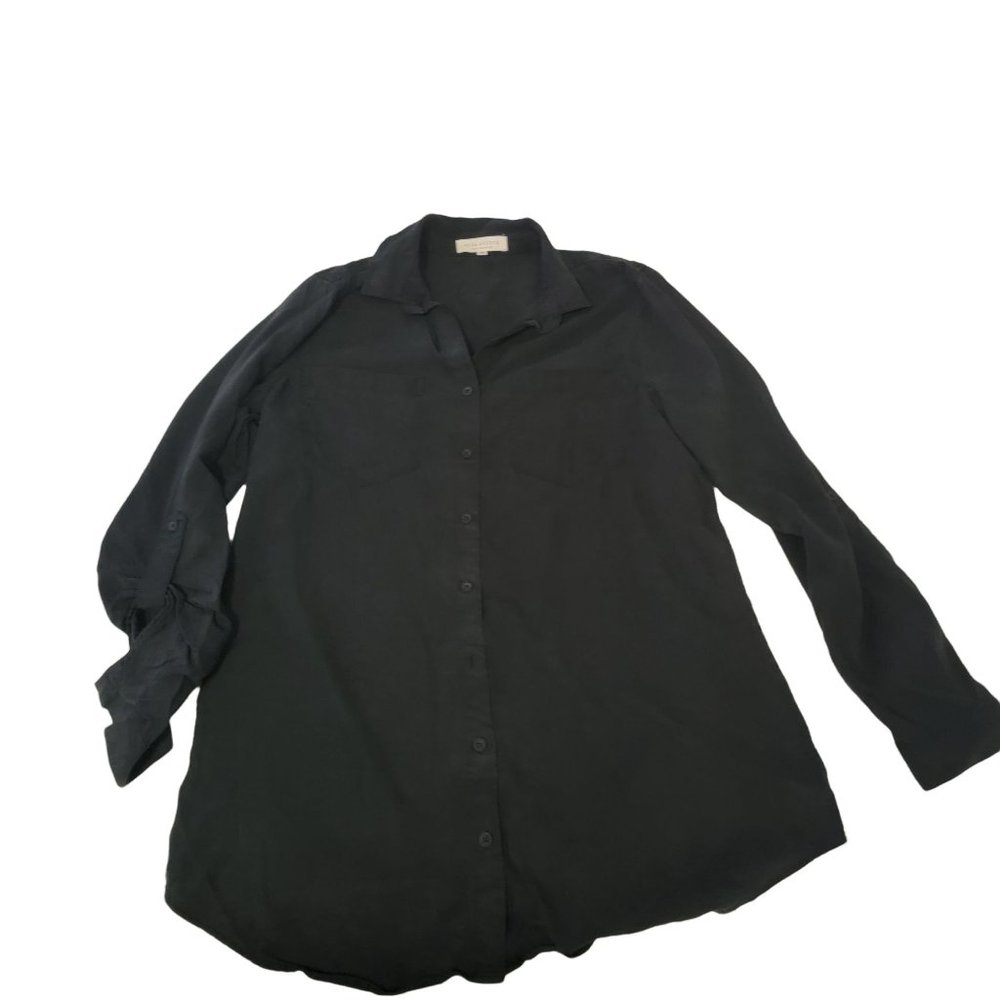 Side Stitch Los Angeles XXS Women's BLACK Roll Tab Sleeve Pockets Button Up Shir